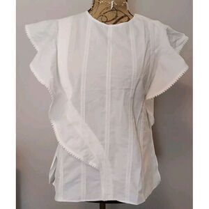 derek lam 10 crosby Women White Fringe Flutter Sleeves Embroidered Top Size 6